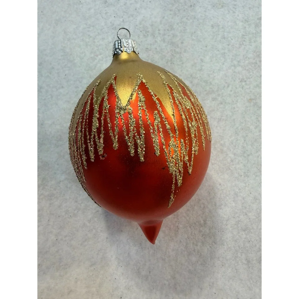 Vintage Style Glass Christmas Ornament Orange Gold Glitter Icicle Teardrop 4.5in